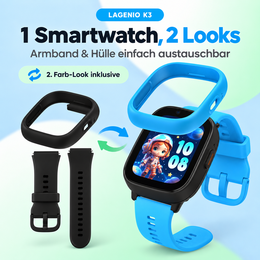 LAGENIO K3 Kinder Smartwatch mit Wechselarmband und Wechselgehäuse in Blau und Schwarz