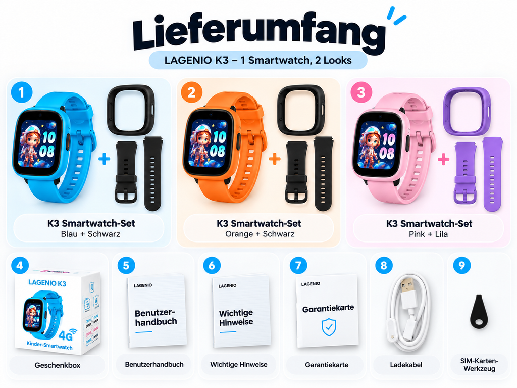 LAGENIO K3 Kinder Smartwatch Lieferumfang mit Wechselarmband, Ladekabel, Anleitung und Zubehör