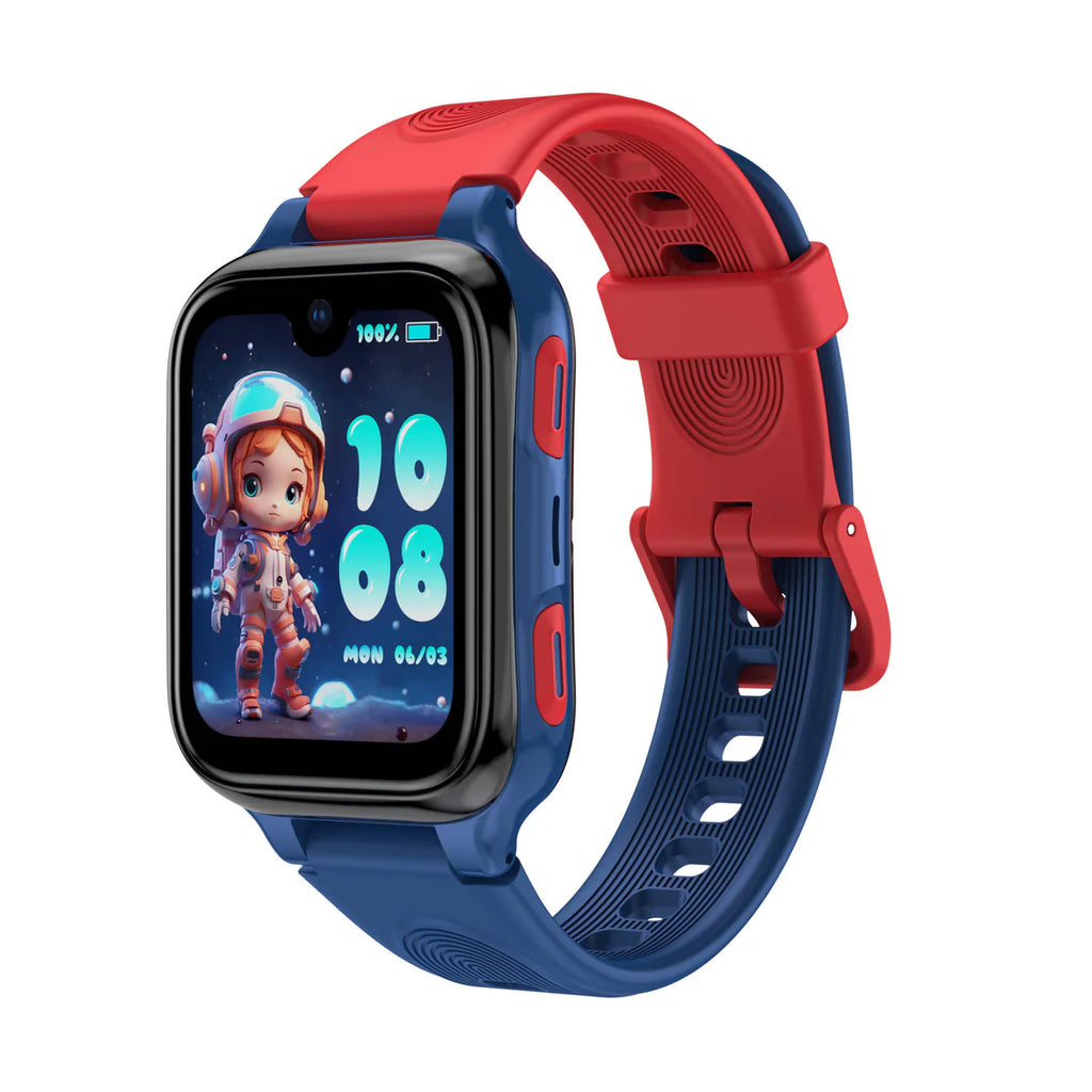 Lagenio K9 Kinder Smartwatch in Blau-Rot - Frontansicht mit AMLED-Display und Armband